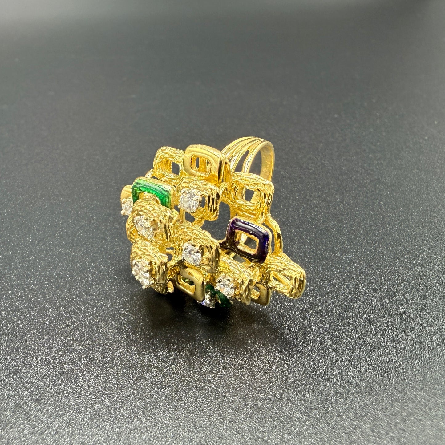 Estate 18kt Yellow Gold Geometric Diamond and Enamel Oversized Ring