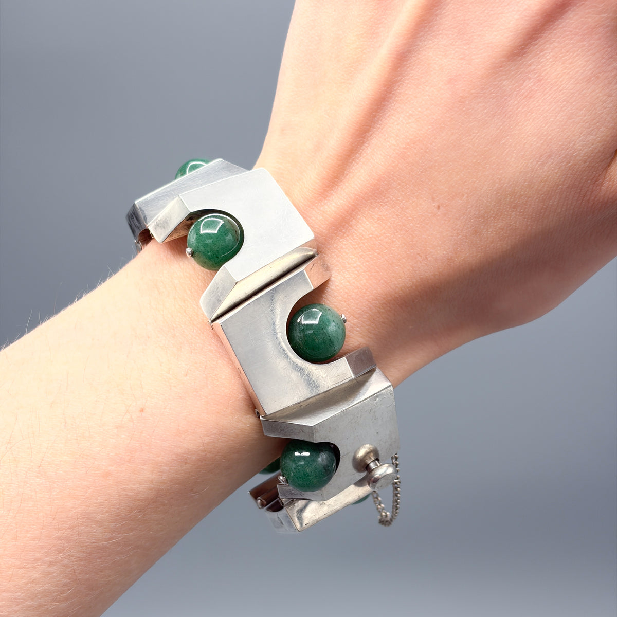 Estate Antonio Pineda 970 Silver Bracelet with Aventurine Beads