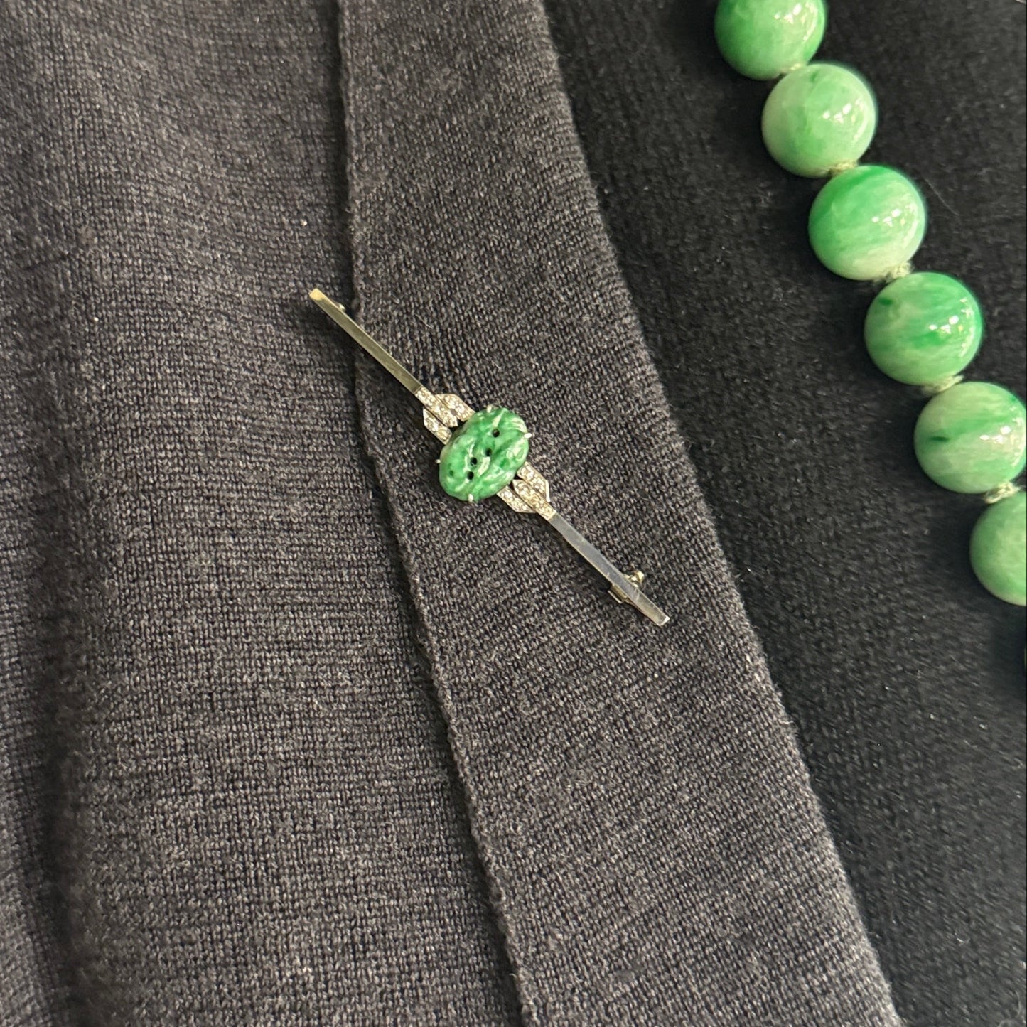 Estate Jadeite Carved Art Deco Platinum and Diamond Brooch