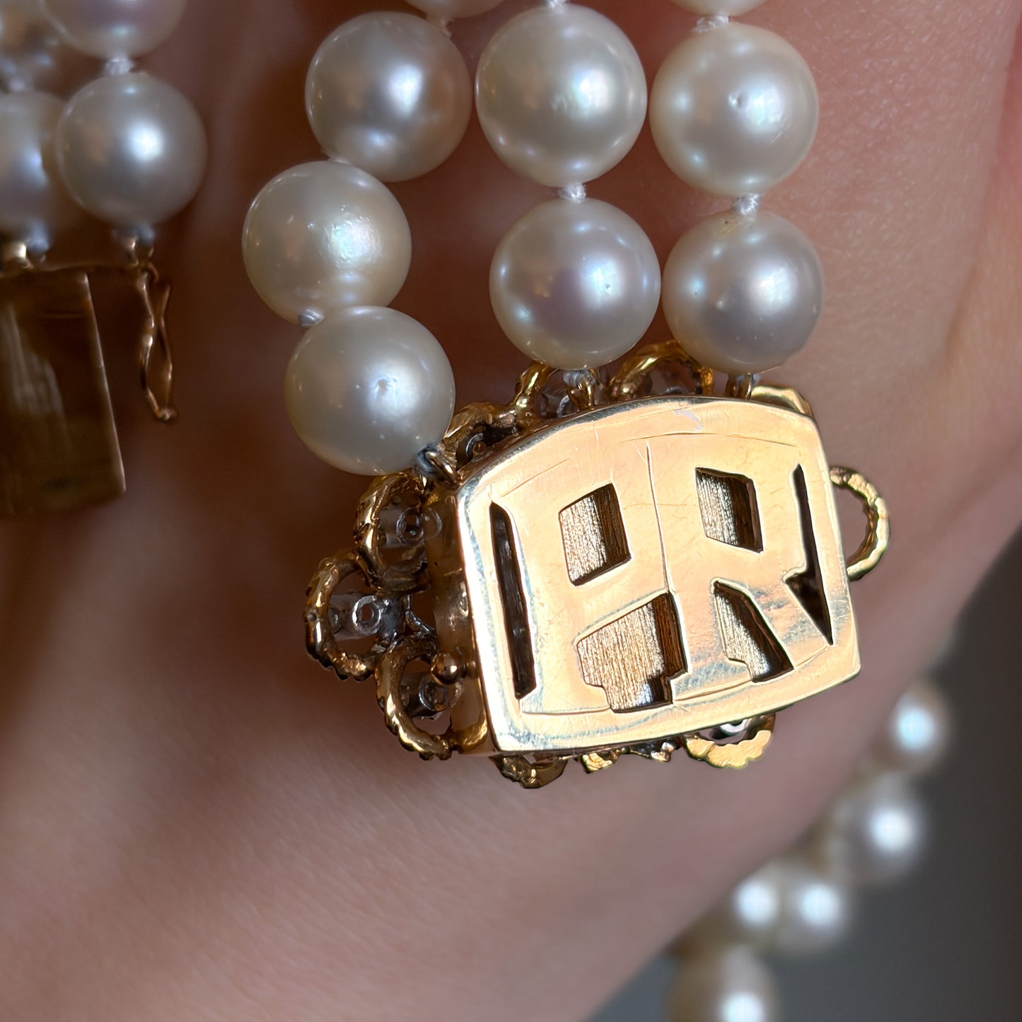 Estate Triple Strand Pearl Necklace with 18kt Gold with 19 Diamond Clasp