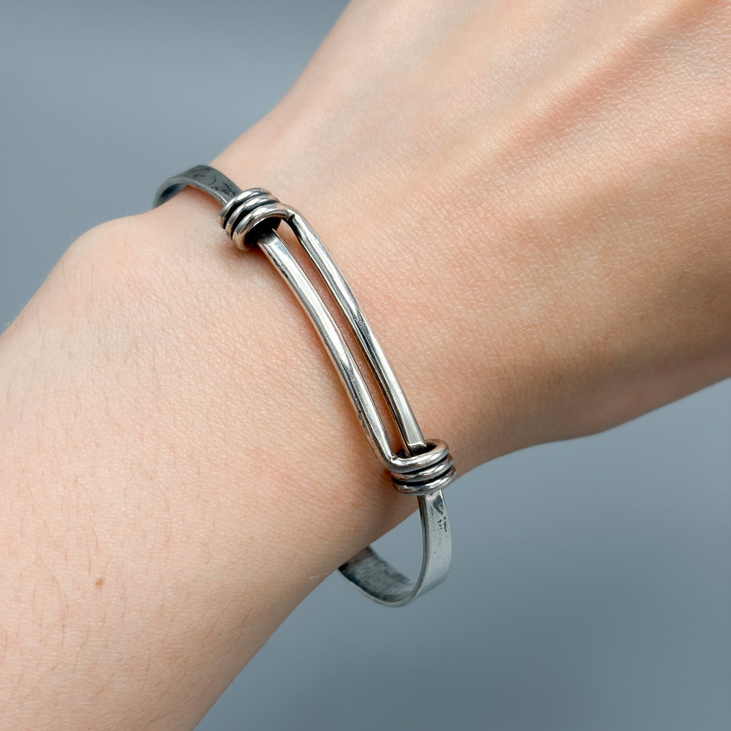 Estate Ed Levin Handmade Sterling Silver Silver Cuff w Knotted Slide Opening