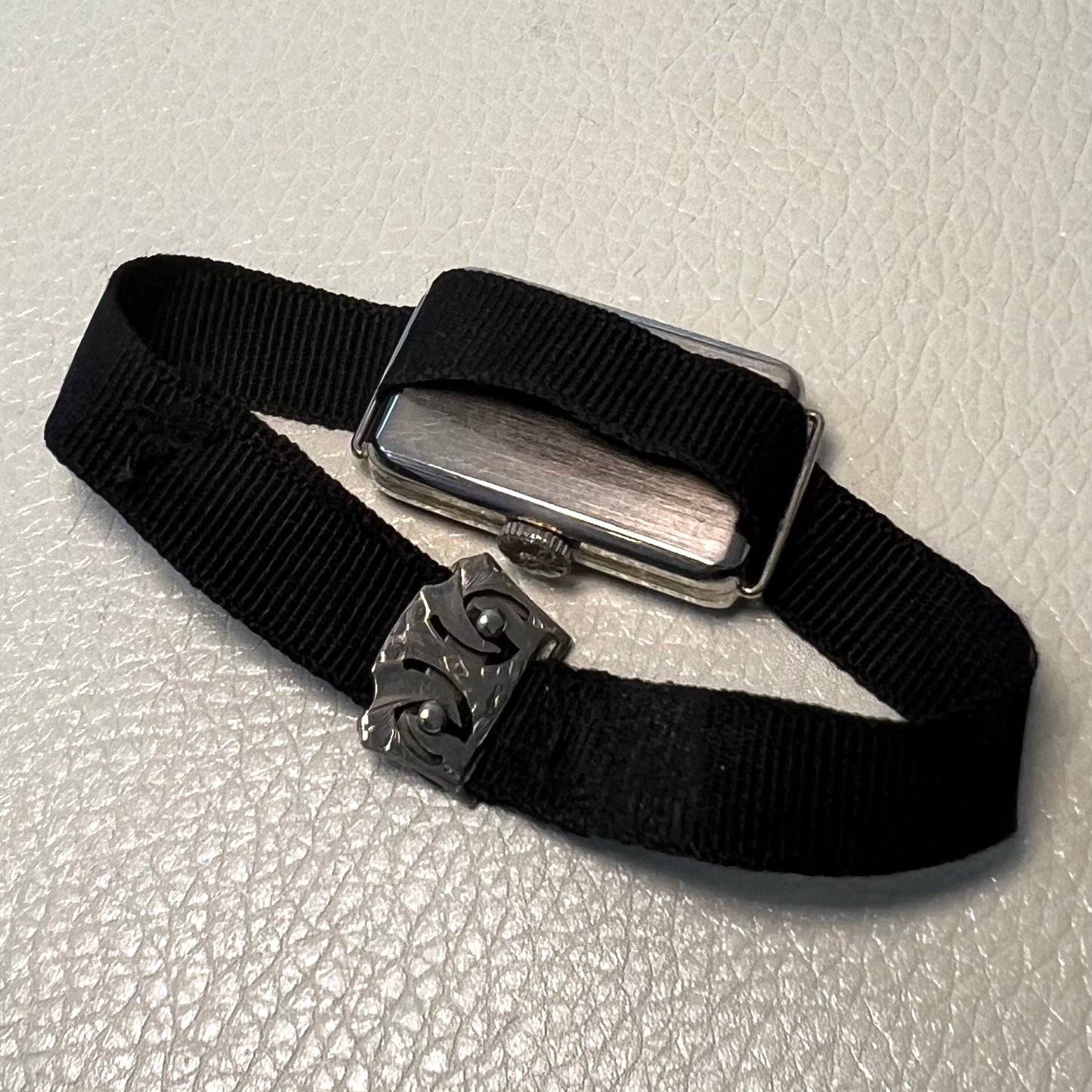 Estate Elgin 1925 Art Deco 14K White & Yellow Gold & Enamel Bezel Watch "Woman and Tiger" with Original Band