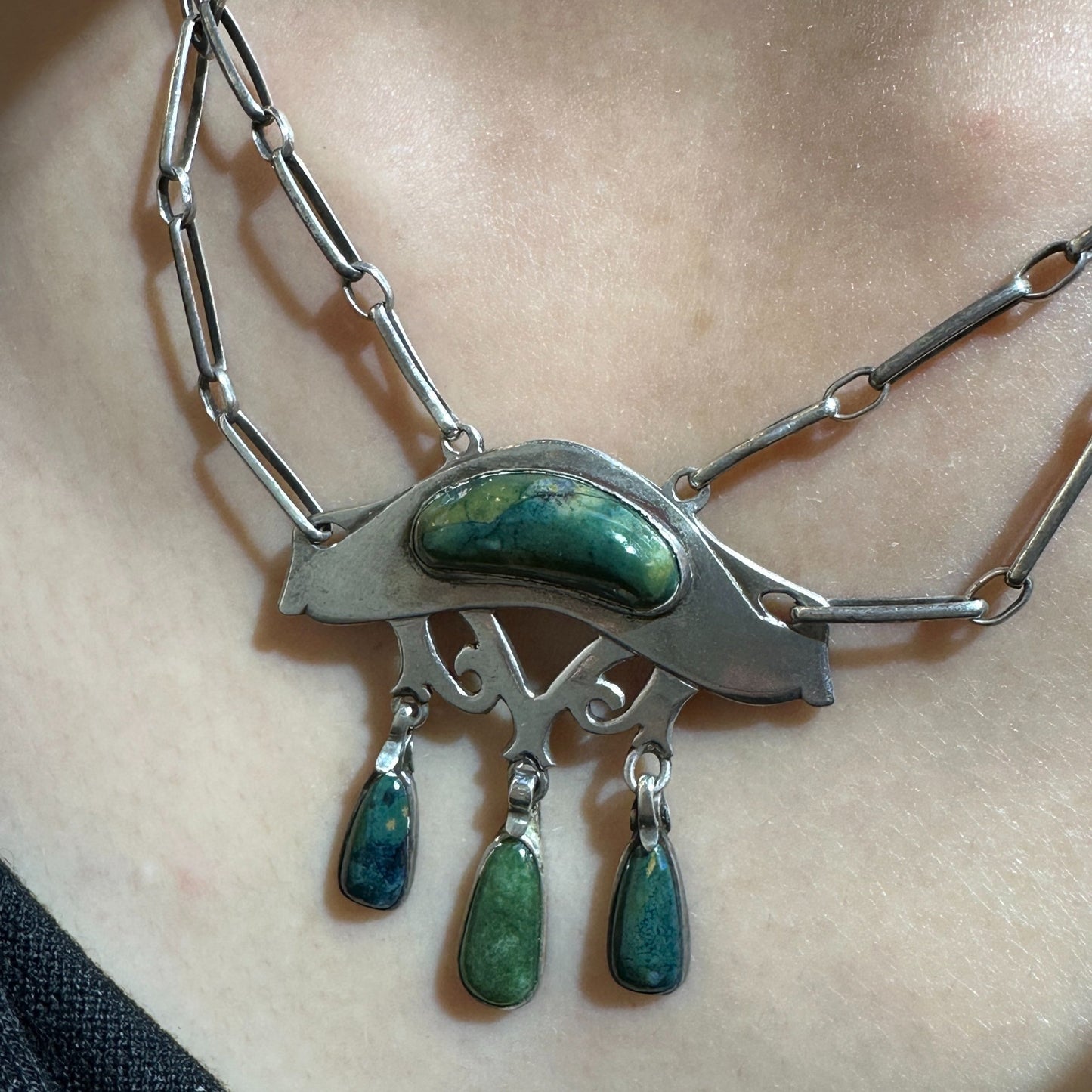 Estate Silver Jugendstil Pendant with Hardstone Art Nouveau Necklace