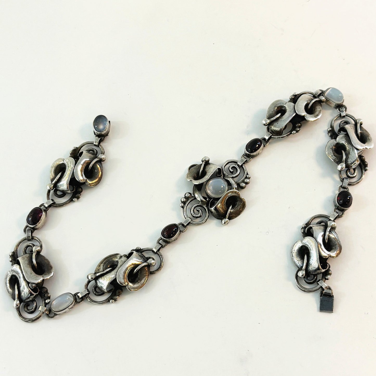 Estate Sterling Silver Arts & Crafts Necklace with Moonstone and Garnet Cabochons