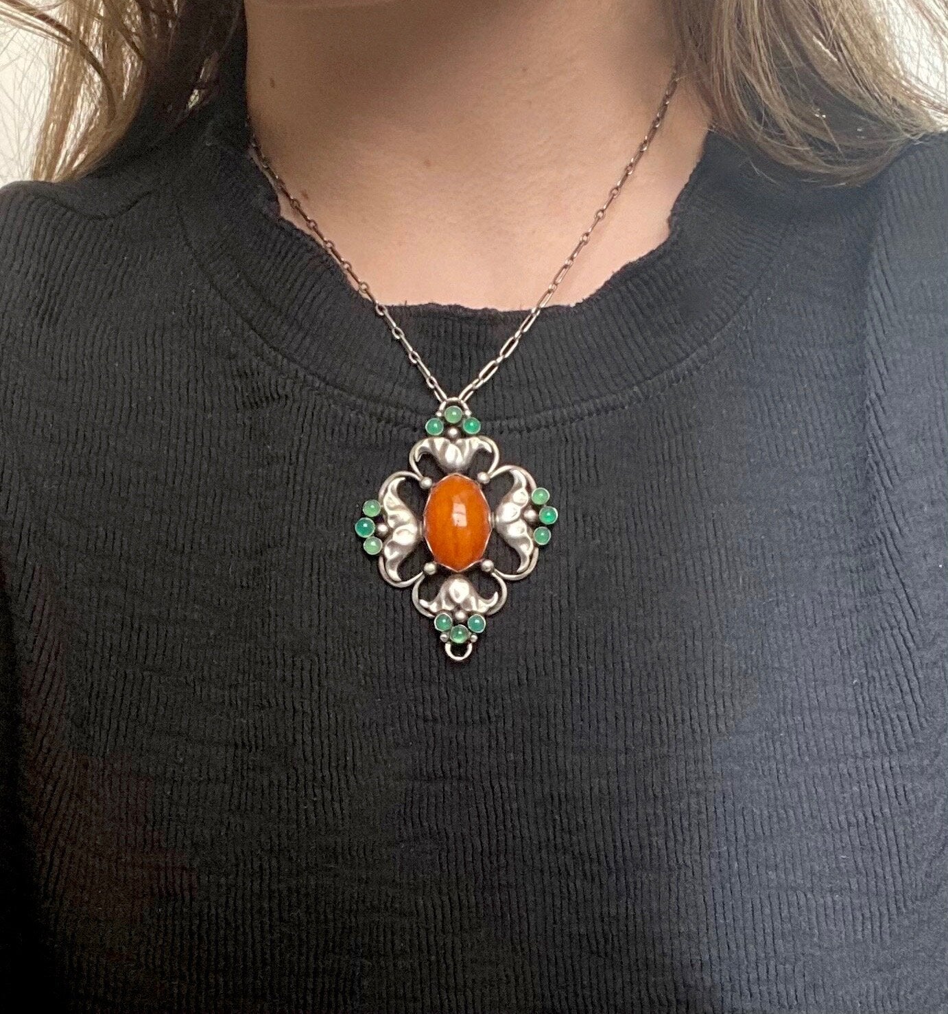 Early Georg Jensen 830 Silver Large Pendant No. 40 with Amber and Chrysoprase