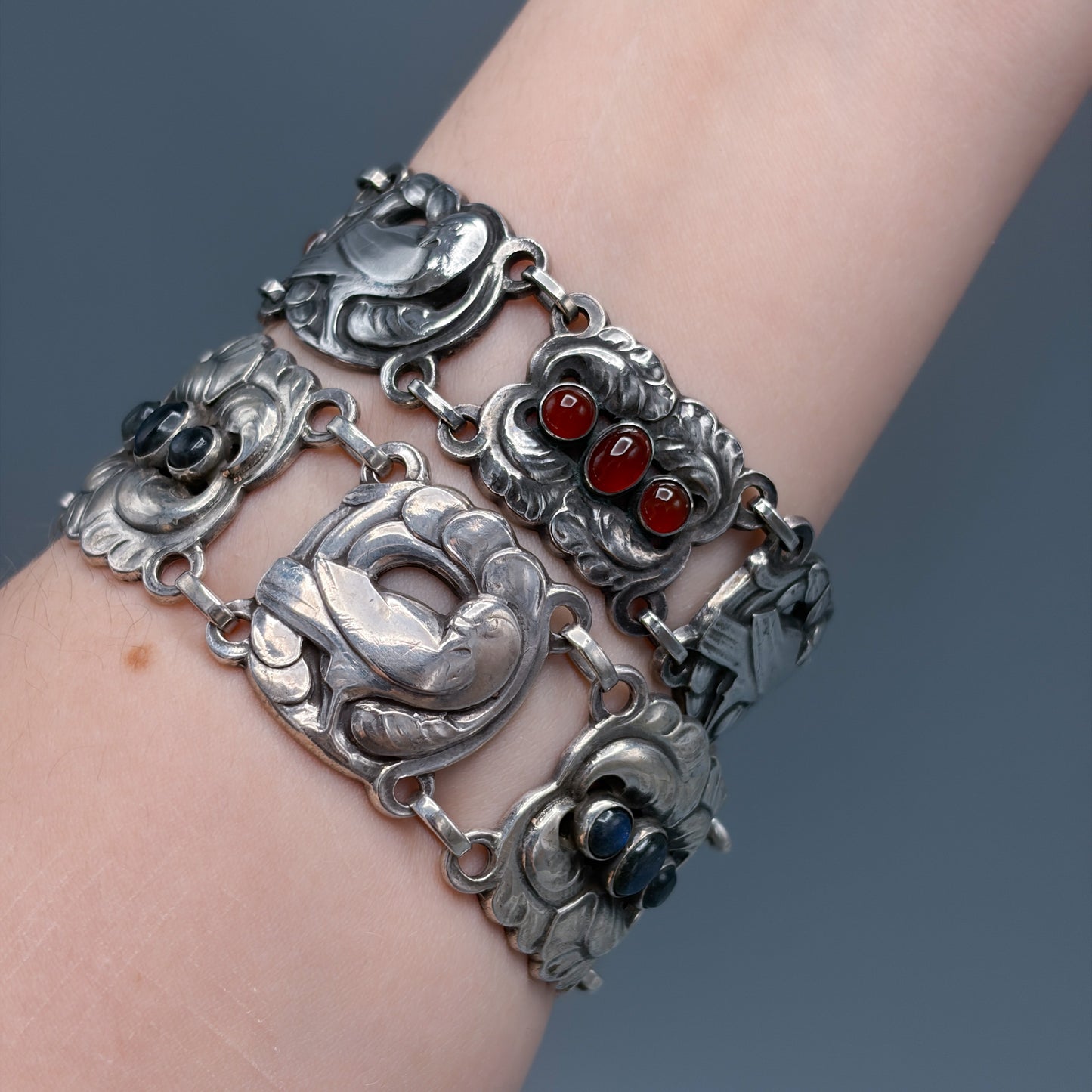 Estate Georg Jensen Sterling Silver Large Dove Bracelet with Labradorites by Kristian Møhl-Hansen No. 32