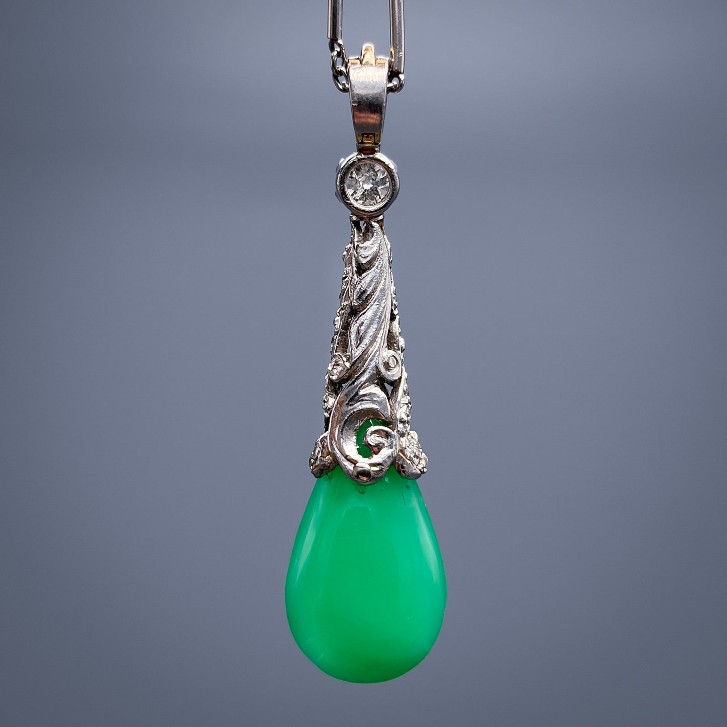 Antique Platinum Diamond and Apple Green Chrysoprase Pendant by J.E. Caldwell & Co