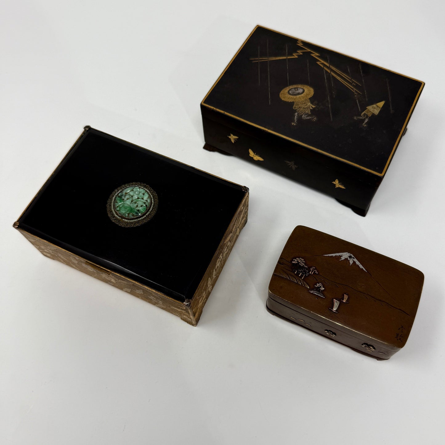 Estate Japanese Iron Damascene Box with Gold Inlay Design from Meiji period