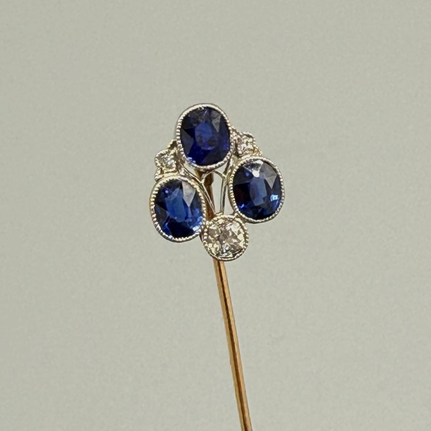 Estate Platinum and Yellow Gold Edwardian Three Sapphire and Three European Diamond Stick Pin