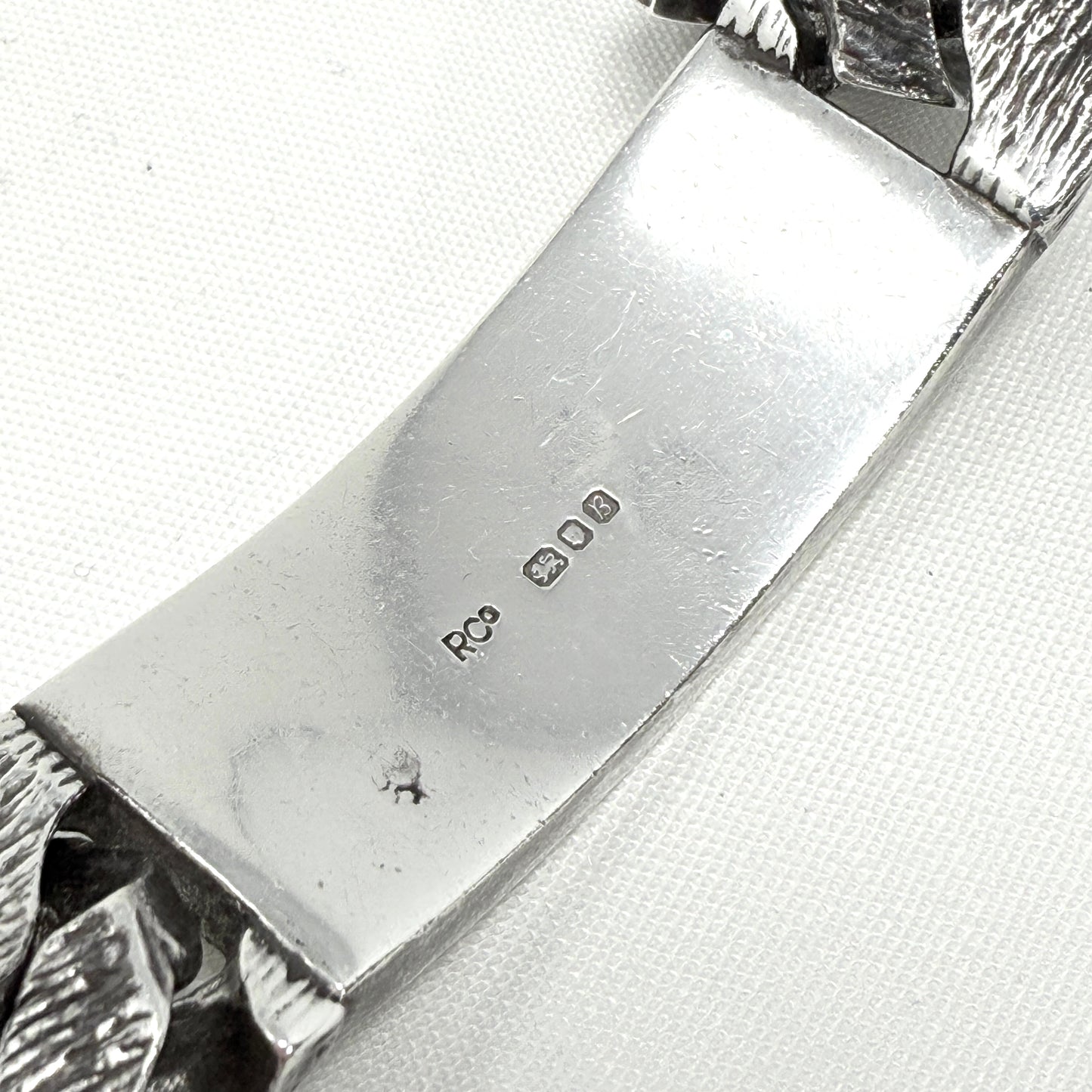 Estate Sterling Silver Men's Identity Solid Hand Tooled Bark Texture Chain Link Bracelet