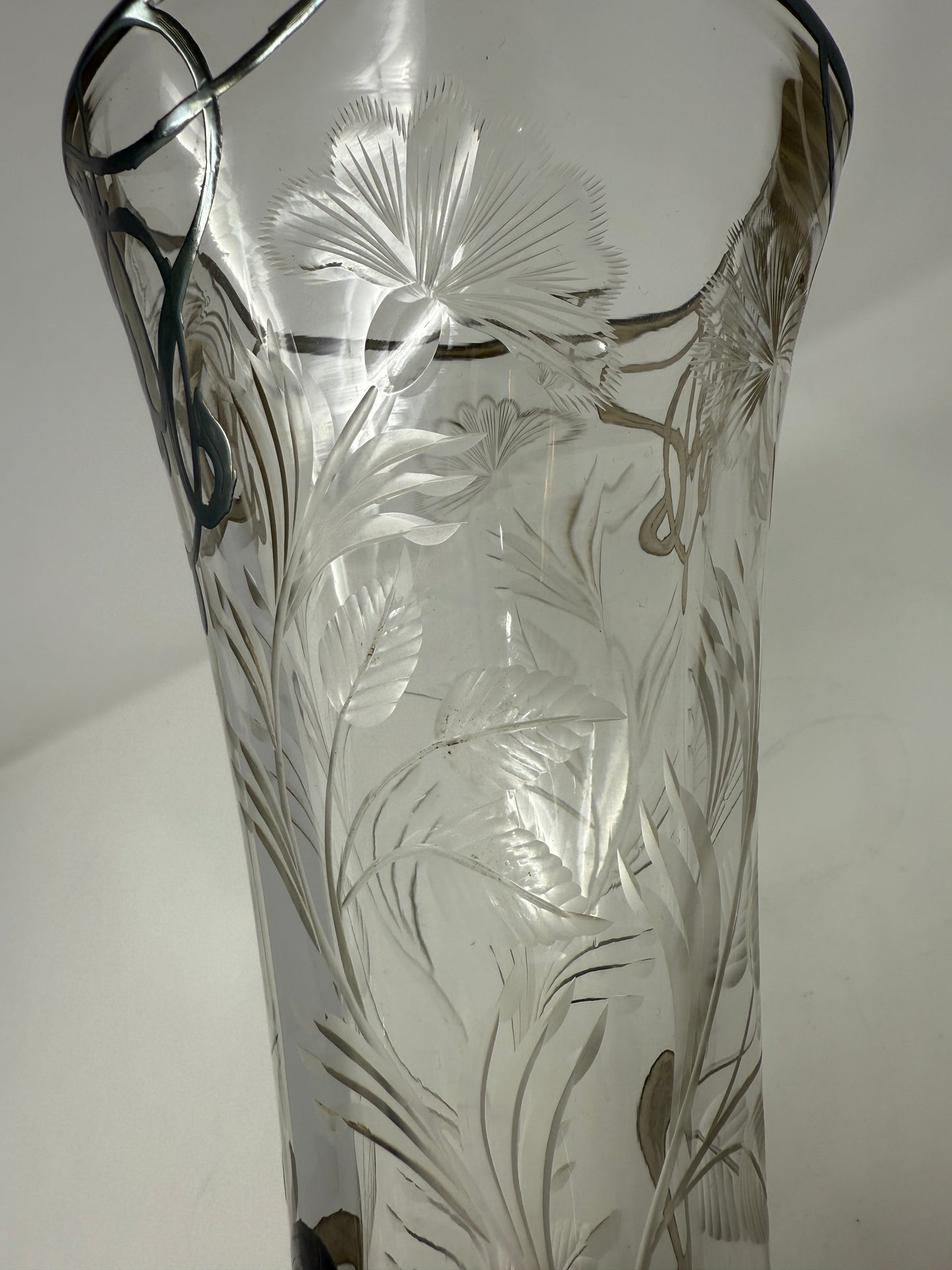 Large Tulip Vase with 800 Silver Overlay and Hand-etched Flowers