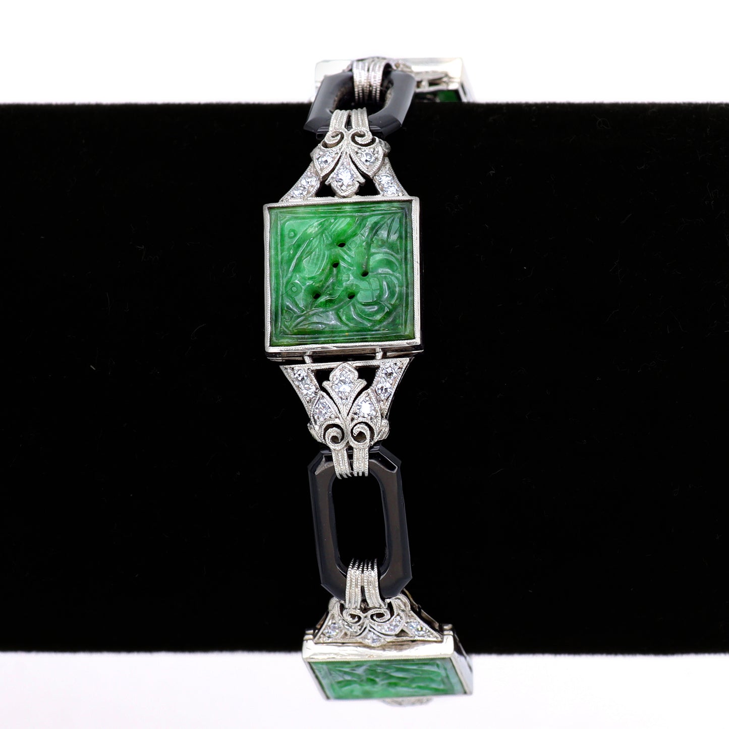 Estate Art Deco Jadeite Jade Diamond, Black Enamel, Platinum and and White Gold Bracelet