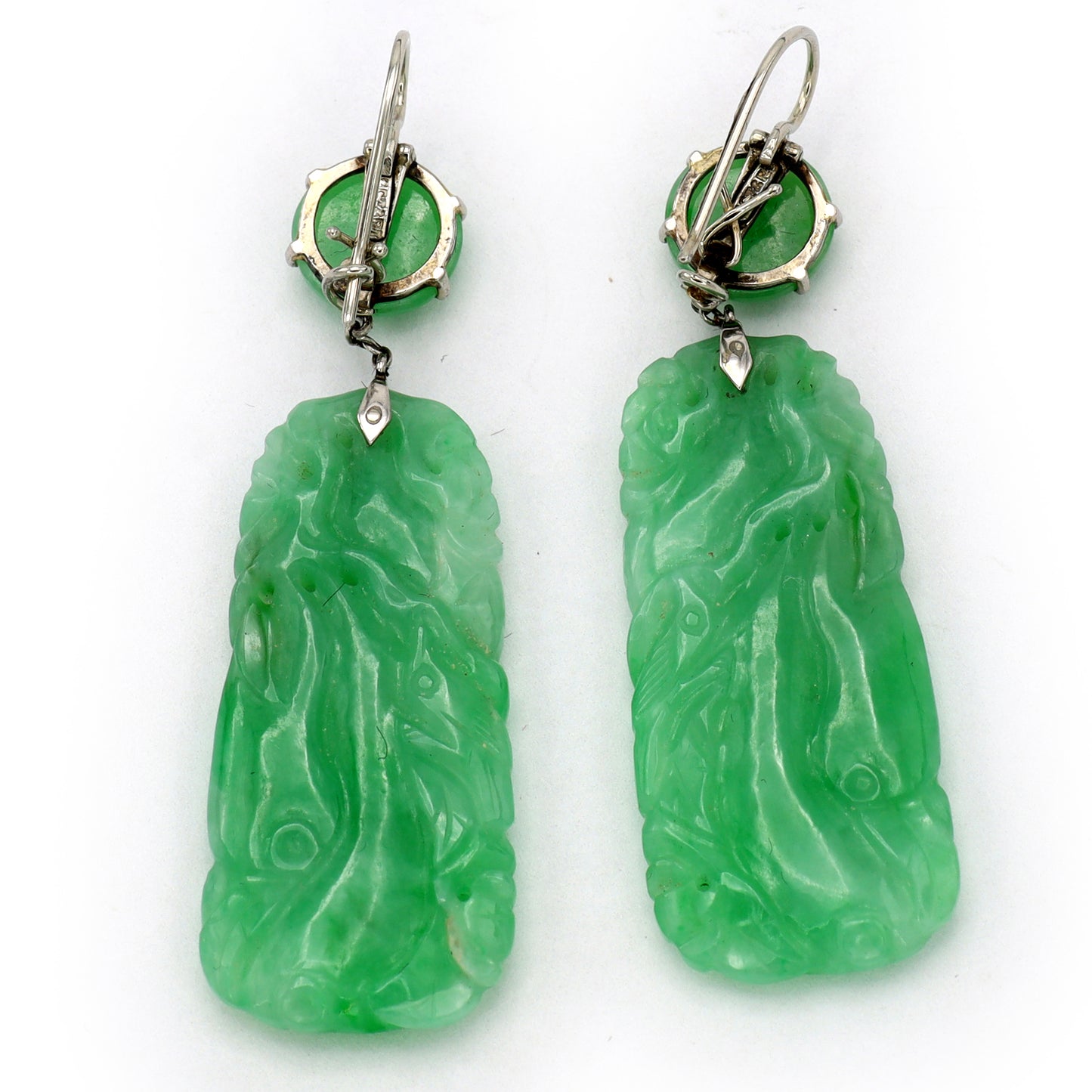Estate Edwardian Carved Apple Green Jadeite Dangle Earrings with Round Cabochon