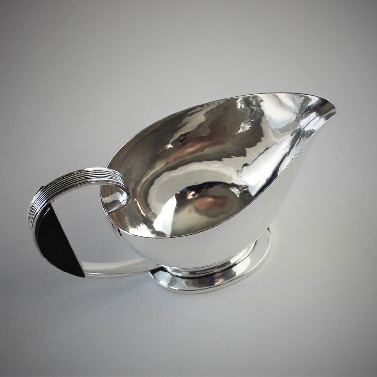 Estate Georg Jensen Sterling Silver Art Deco Sauce Boat with Ebony Handle by Gustav Pedersen No. 766