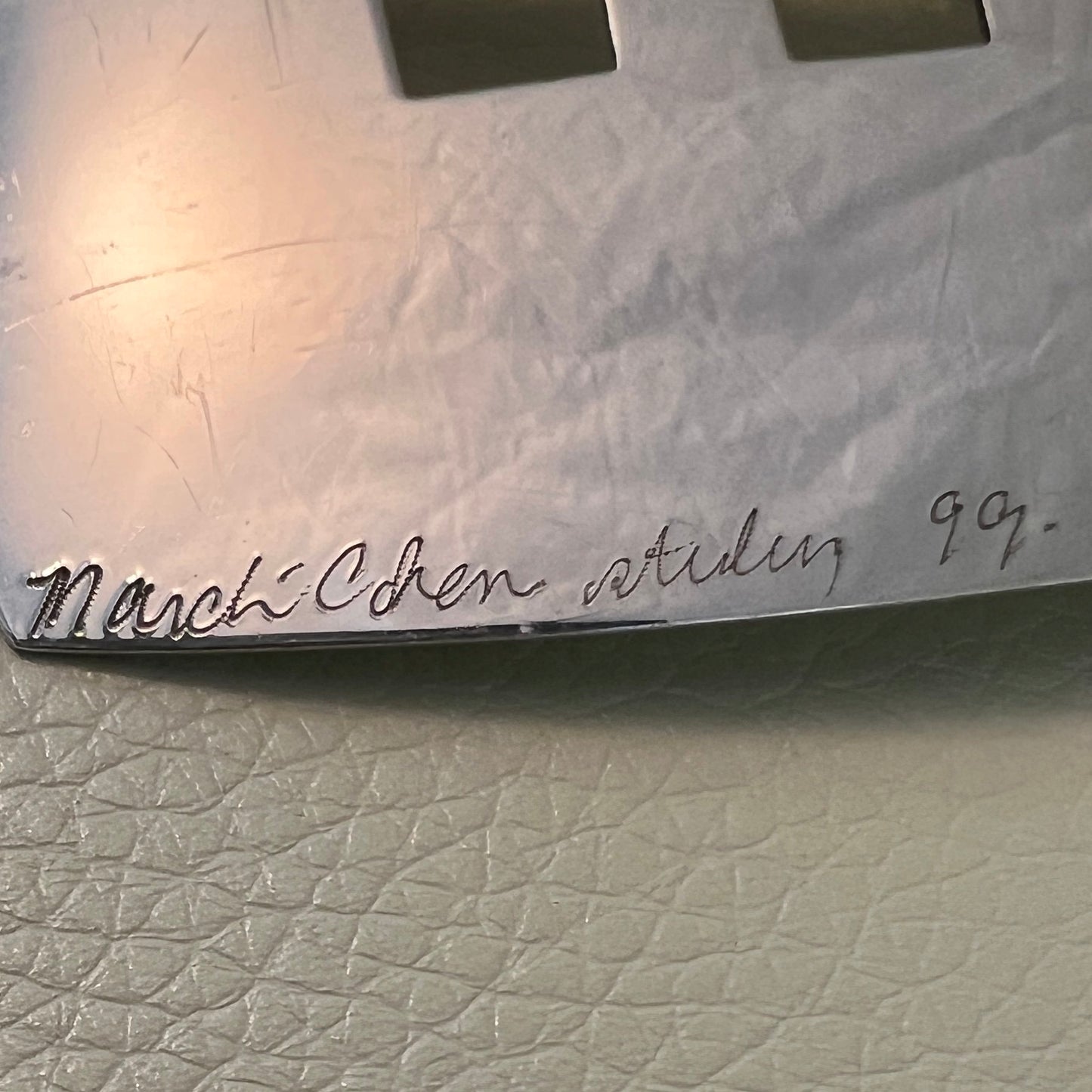 Mardi Jo Cohen Handmade Sterling Silver, Formica, & Glass Cabochon Memphis Design Serving Fork & Spoon Featuring Open Geomtric Pattern