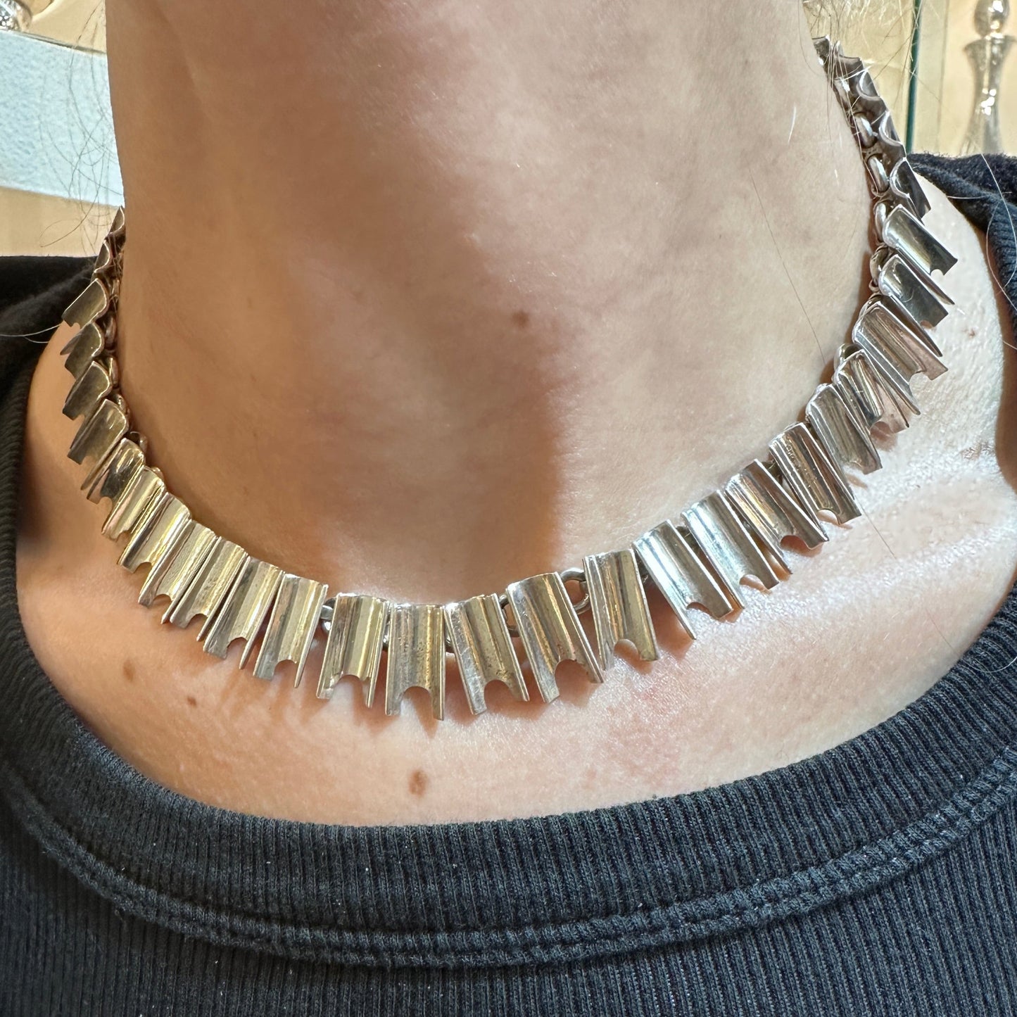 Estate Sterling Silver Taxco Modernist Necklace with Concave Segments