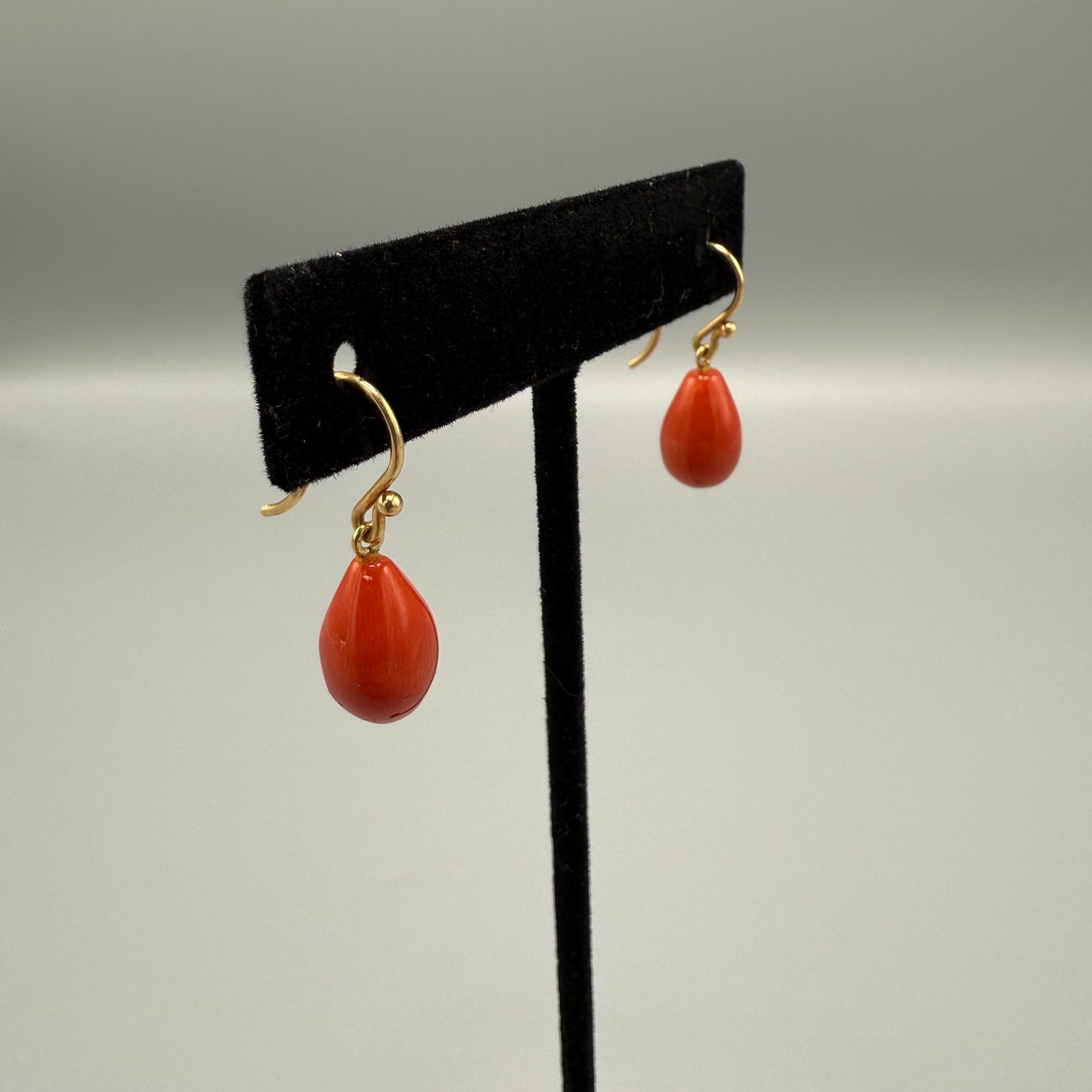 Estate Red Coral Tear Drop Earrings 18kt Gold