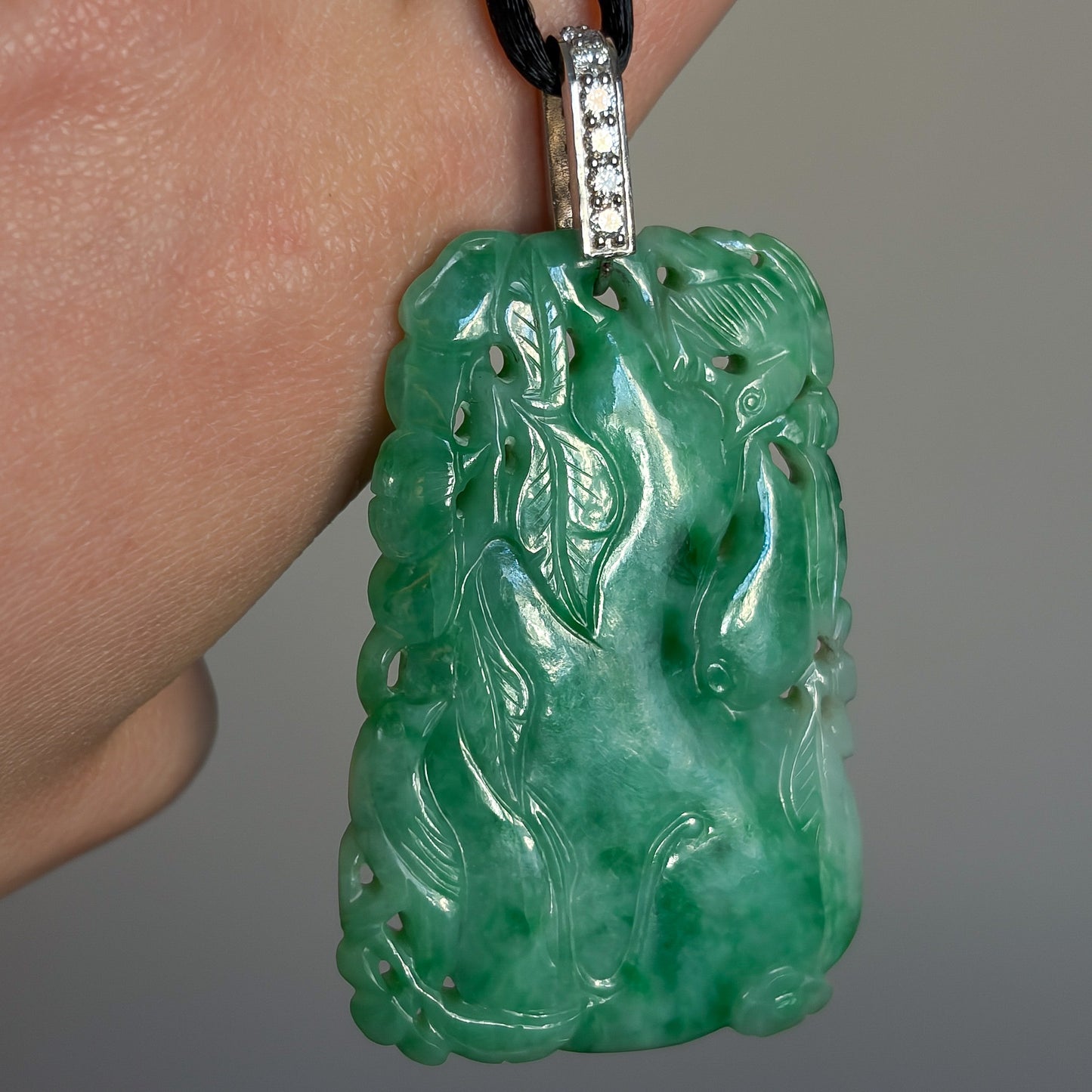 Estate Carved Jadeite Pendant with Platinum and Diamond Bale