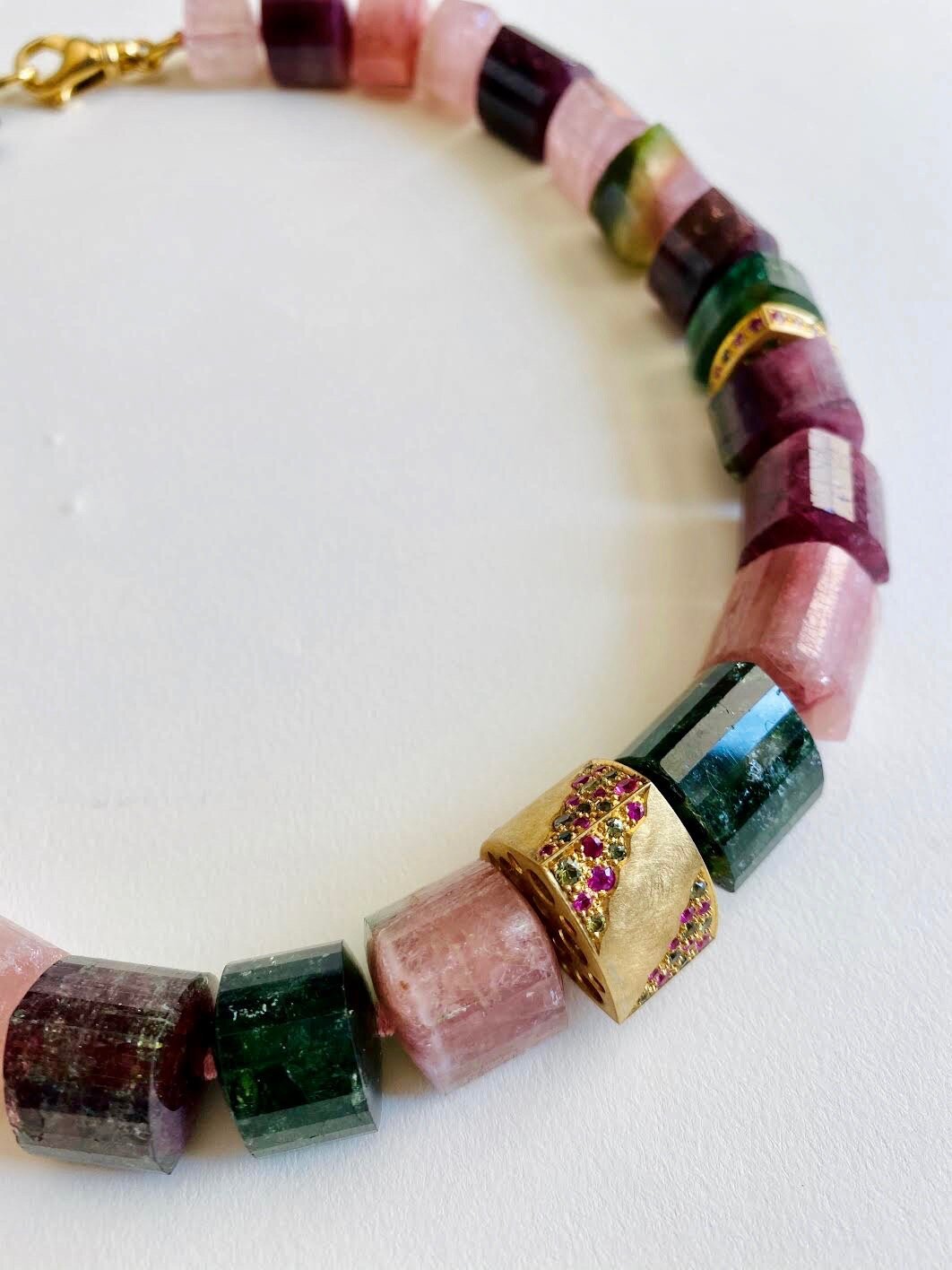 Natural Tourmaline Necklace with 18K Gold Segments with Pave Set Sapphires by Walter Dickhaut