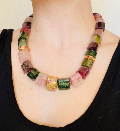 Natural Tourmaline Necklace with 18K Gold Segments with Pave Set Sapphires by Walter Dickhaut