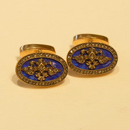 Estate Russian 14K Rose Gold and Enamel Guilloché Cufflinks in the Style of Fabergé