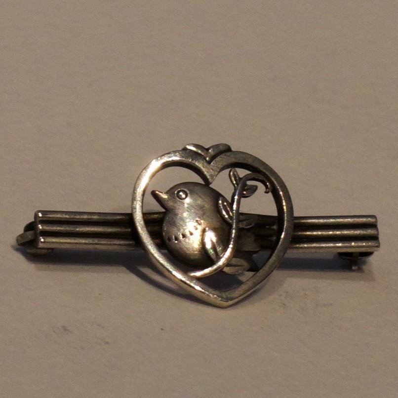 Estate Georg Jensen Sterling Silver Bird and Heart Bar Pin Design No. 282