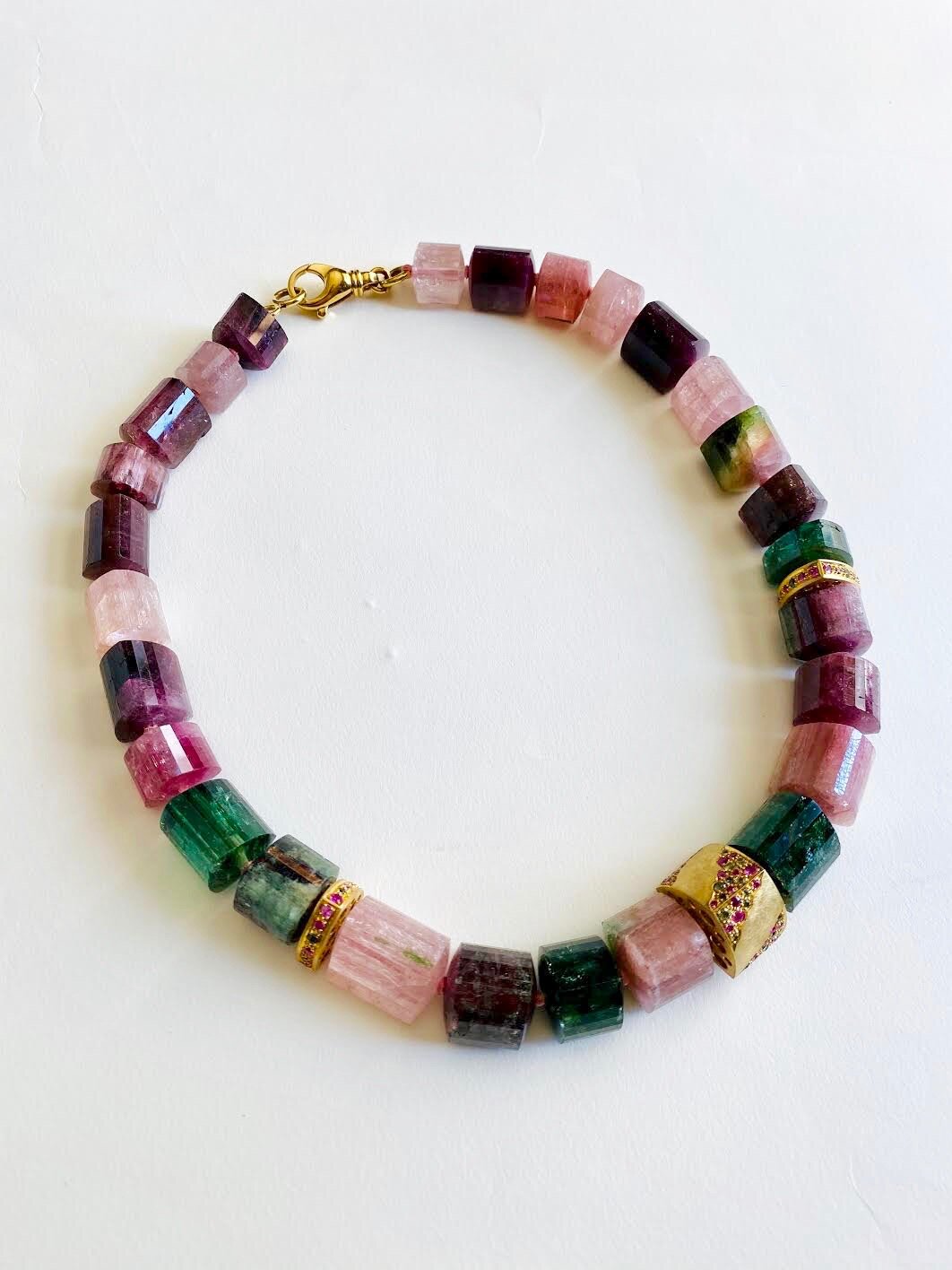 Natural Tourmaline Necklace with 18K Gold Segments with Pave Set Sapphires by Walter Dickhaut