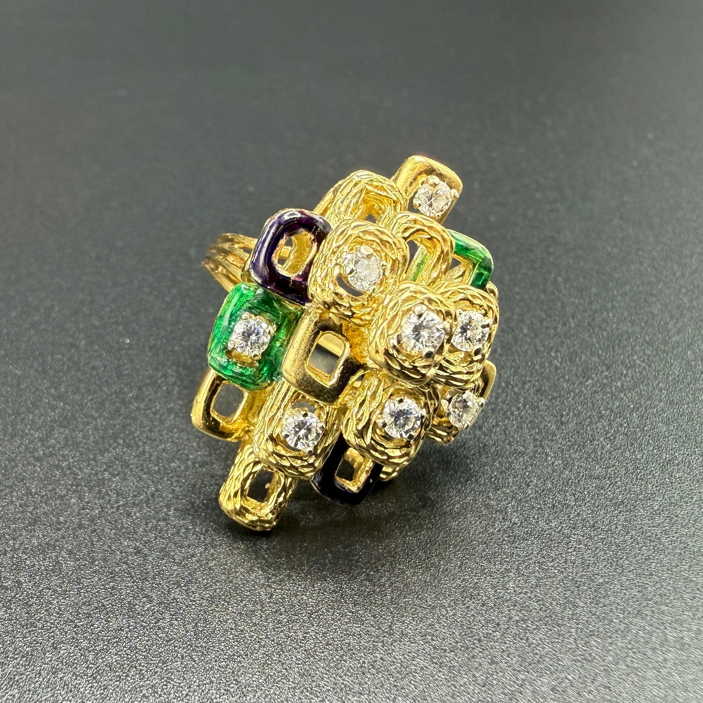 Estate 18kt Yellow Gold Geometric Diamond and Enamel Oversized Ring