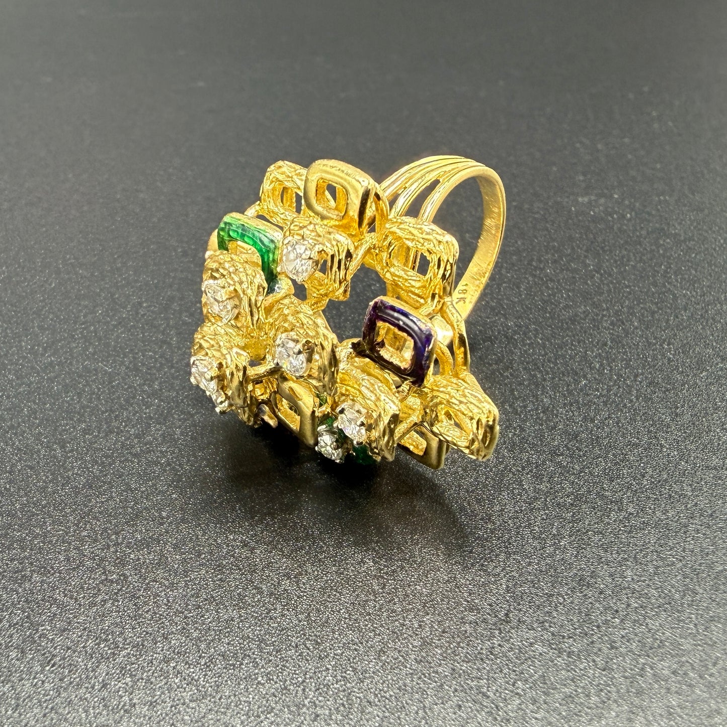 Estate 18kt Yellow Gold Geometric Diamond and Enamel Oversized Ring