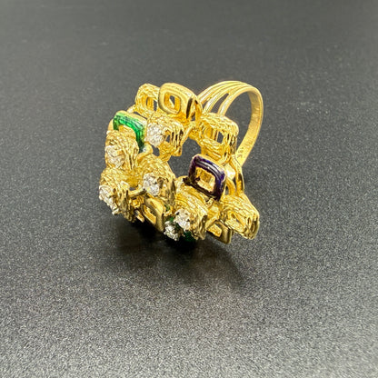 Estate 18kt Yellow Gold Geometric Diamond and Enamel Oversized Ring