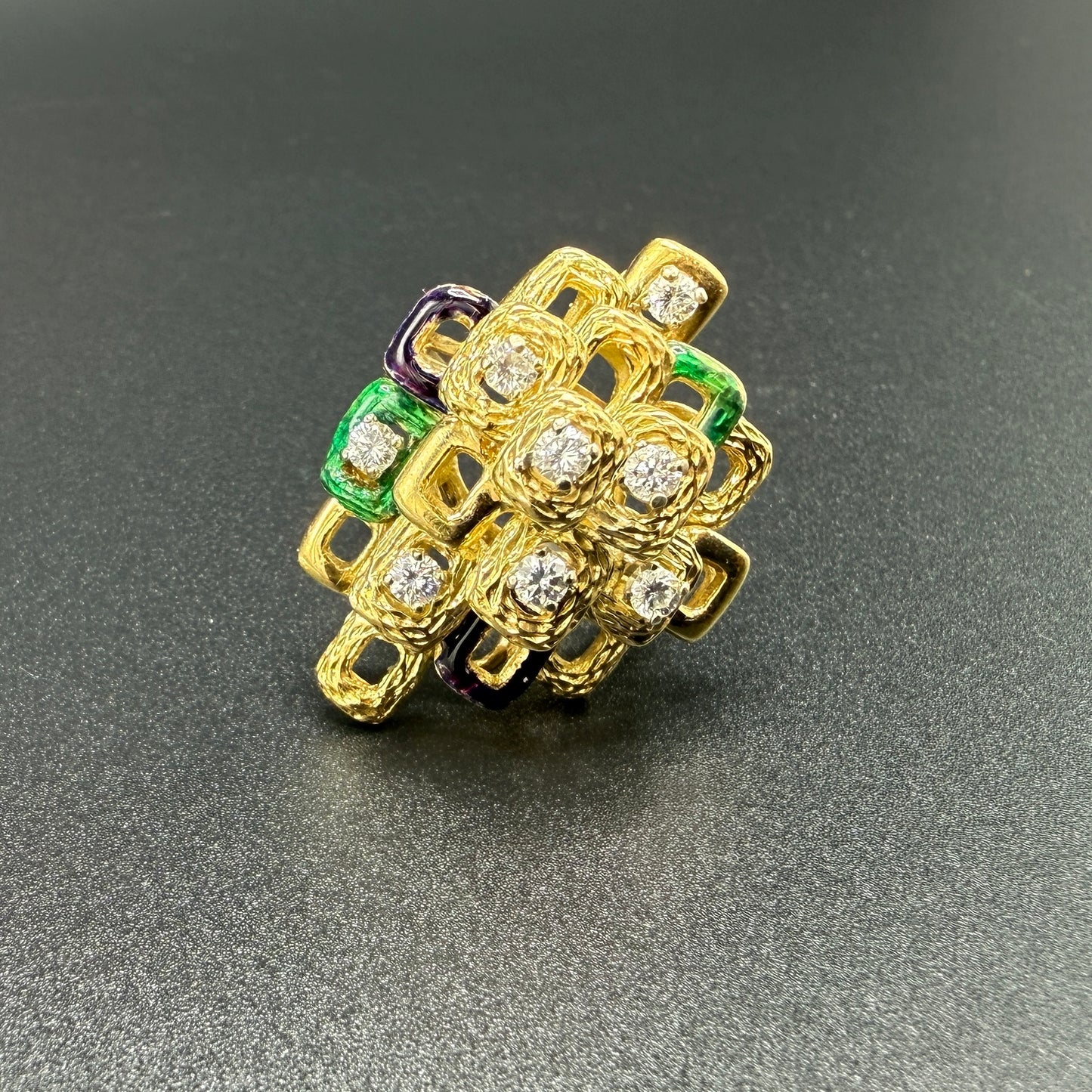 Estate 18kt Yellow Gold Geometric Diamond and Enamel Oversized Ring