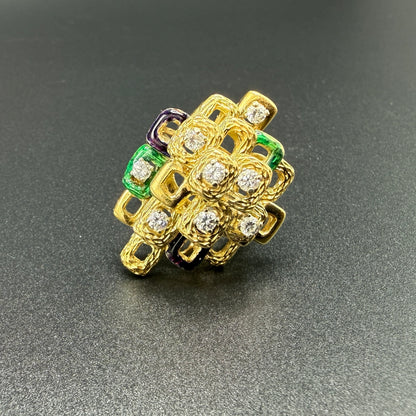 Estate 18kt Yellow Gold Geometric Diamond and Enamel Oversized Ring