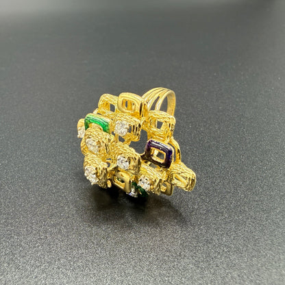 Estate 18kt Yellow Gold Geometric Diamond and Enamel Oversized Ring