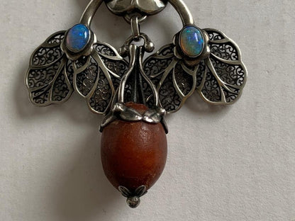 Estate Georg Jensen Silver 826 Pendant with Opal and Amber