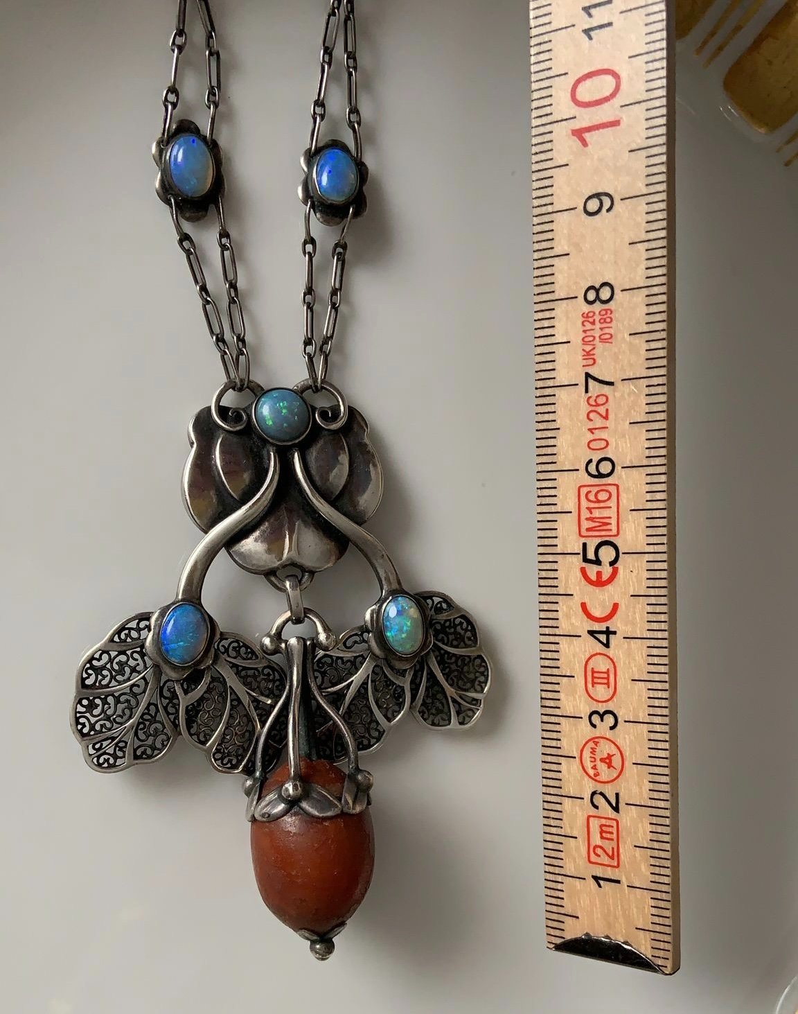 Early Georg Jensen 826 Silver Pendant with Opal and Amber from 1912