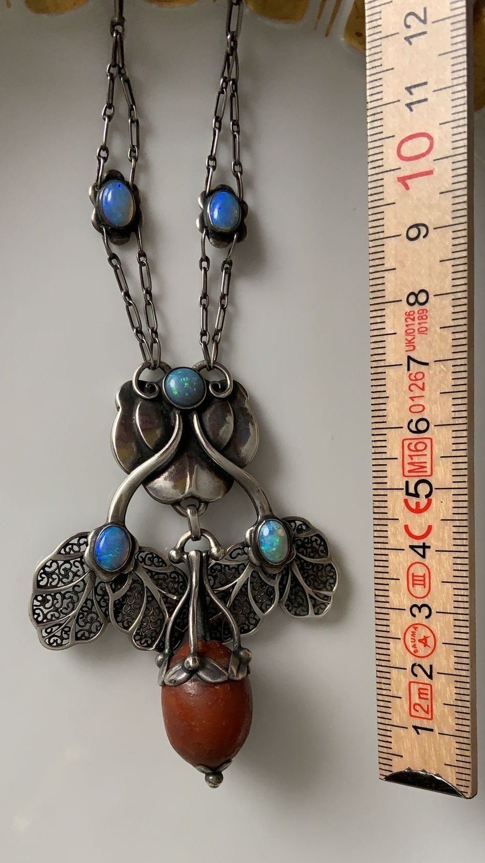 Early Georg Jensen 826 Silver Pendant with Opal and Amber from 1912