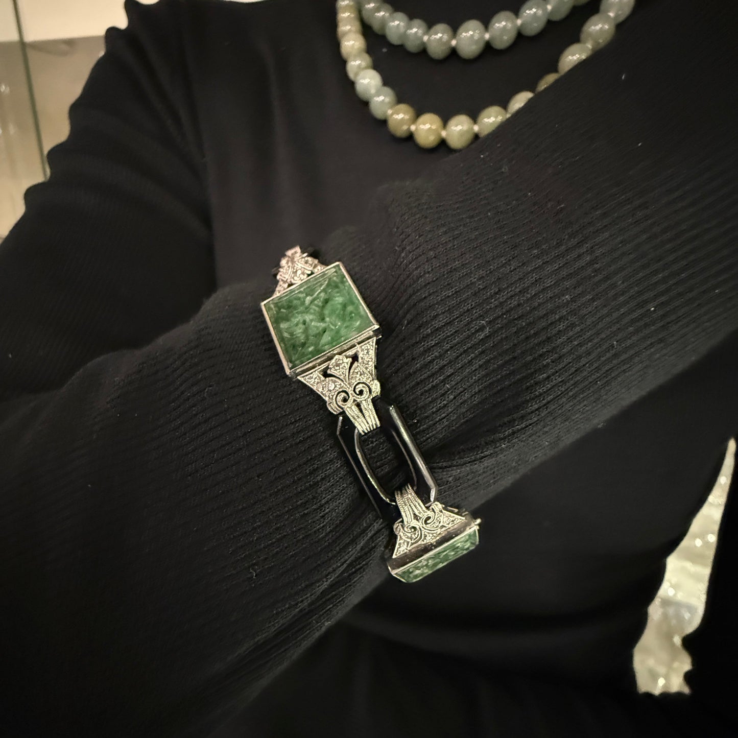 Estate Art Deco Jadeite Jade Diamond, Black Enamel, Platinum and and White Gold Bracelet