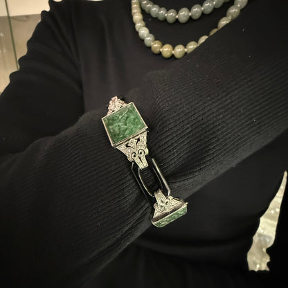 Estate Art Deco Jadeite Jade Diamond, Black Enamel, Platinum and and White Gold Bracelet