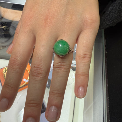 Estate Round Ball Jade Sterling Silver Ring