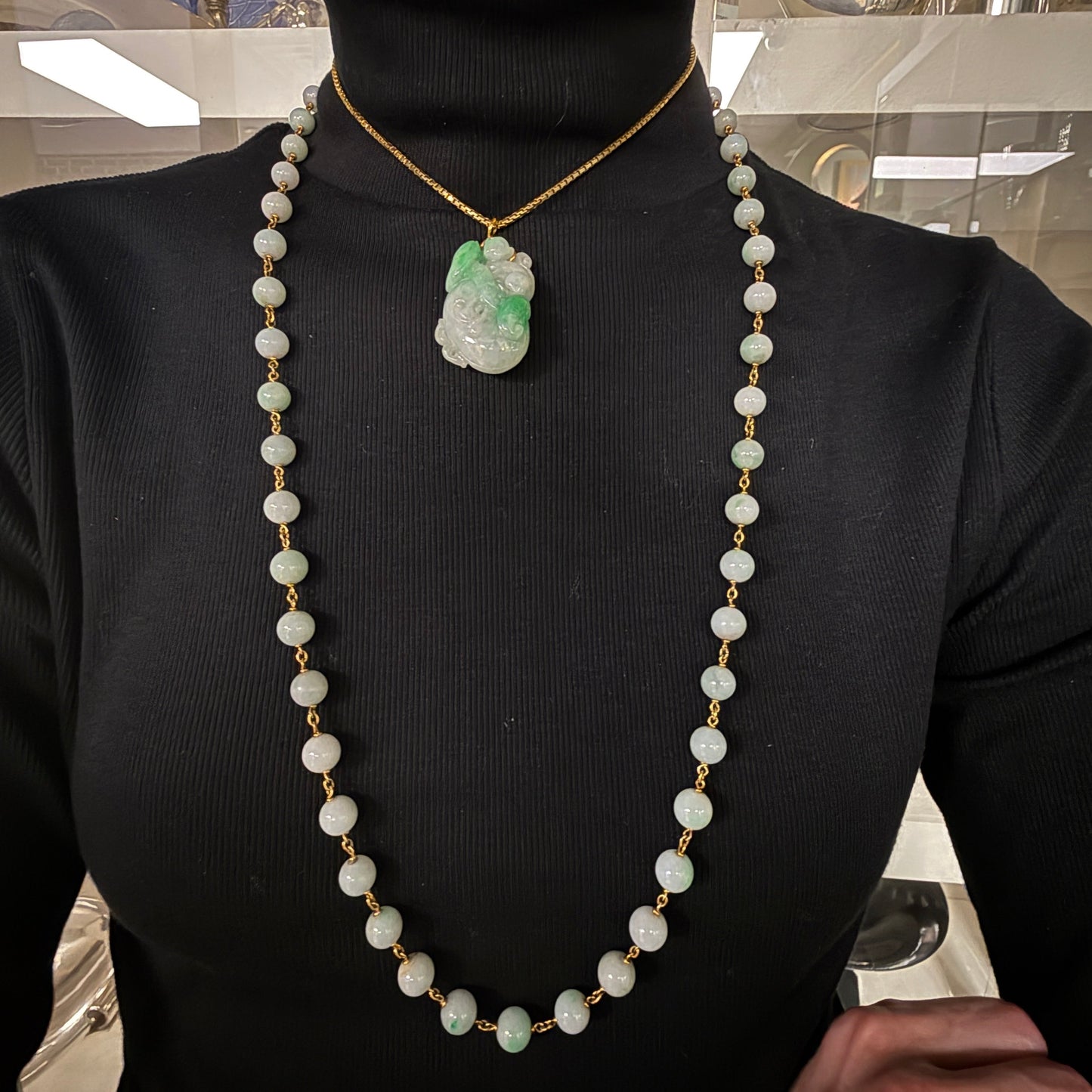 Estate Light Apple Green Jade Long Bead Necklace