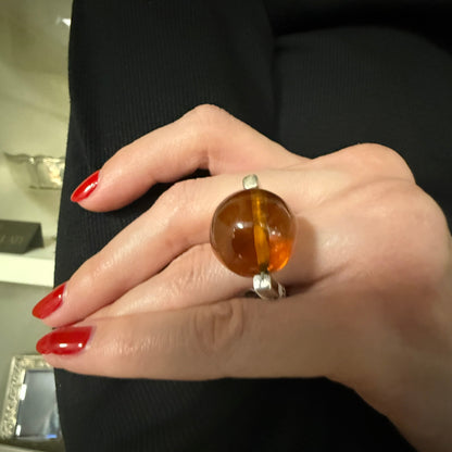 Estate Sterling Silver Modernist Ring with Amber Ball