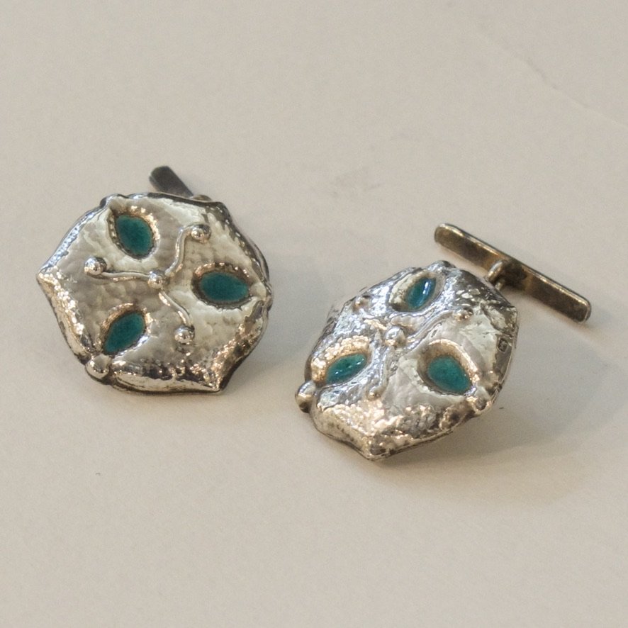 Estate Liberty and Co. Birmingham Sterling Silver and Turquoise Enamel "Sand Dollar" Cufflinks by CYMRIC