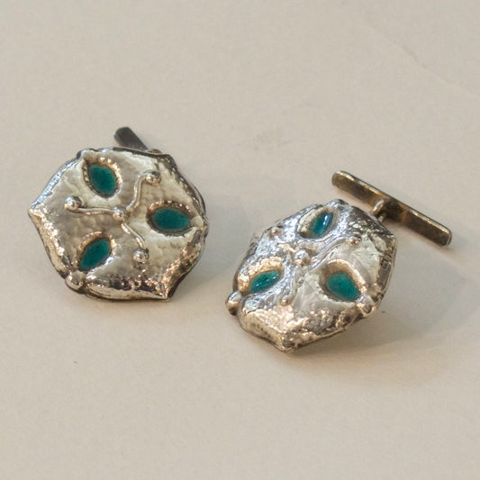 Estate Liberty and Co. Birmingham Sterling Silver and Turquoise Enamel "Sand Dollar" Cufflinks by CYMRIC