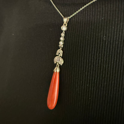 Estate Coral Pendant Edwardian with European Diamonds in Platinum