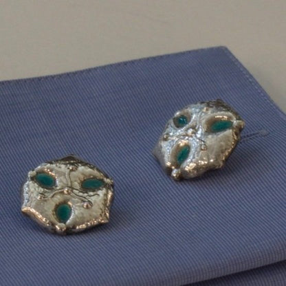 Estate Liberty and Co. Birmingham Sterling Silver and Turquoise Enamel "Sand Dollar" Cufflinks by CYMRIC