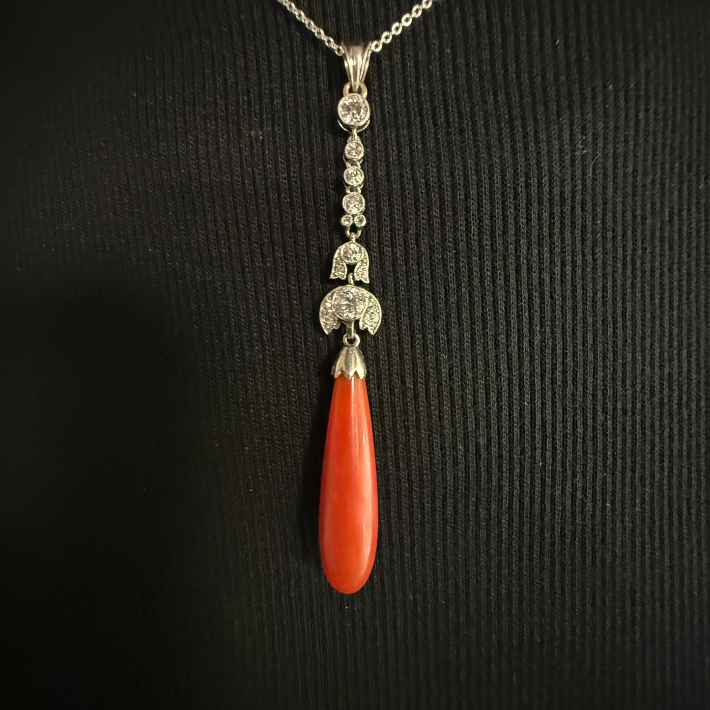Estate Coral Pendant Edwardian with European Diamonds in Platinum