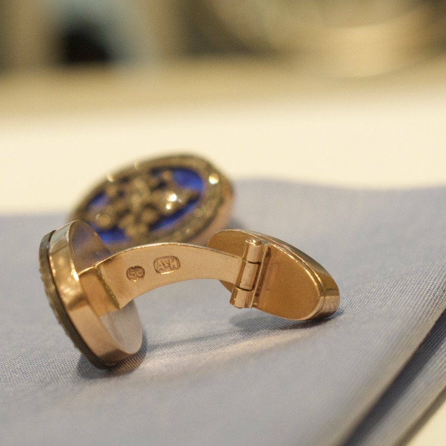 Estate Russian 14K Rose Gold and Enamel Guilloché Cufflinks in the Style of Fabergé