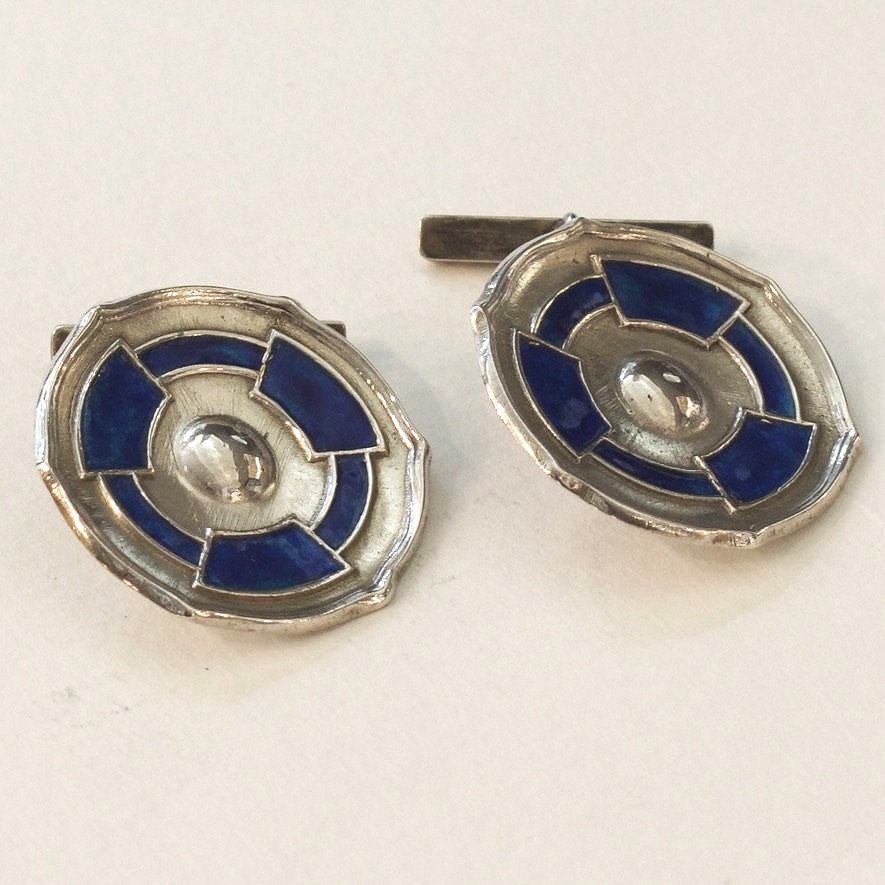 Estate Liberty and Co. Birmingham Sterling Silver and Blue Enamel "Circular" Cufflinks by CYMRIC