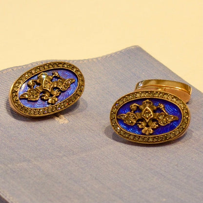 Estate Russian 14K Rose Gold and Enamel Guilloché Cufflinks in the Style of Fabergé