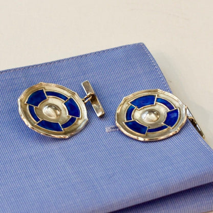 Estate Liberty and Co. Birmingham Sterling Silver and Blue Enamel "Circular" Cufflinks by CYMRIC